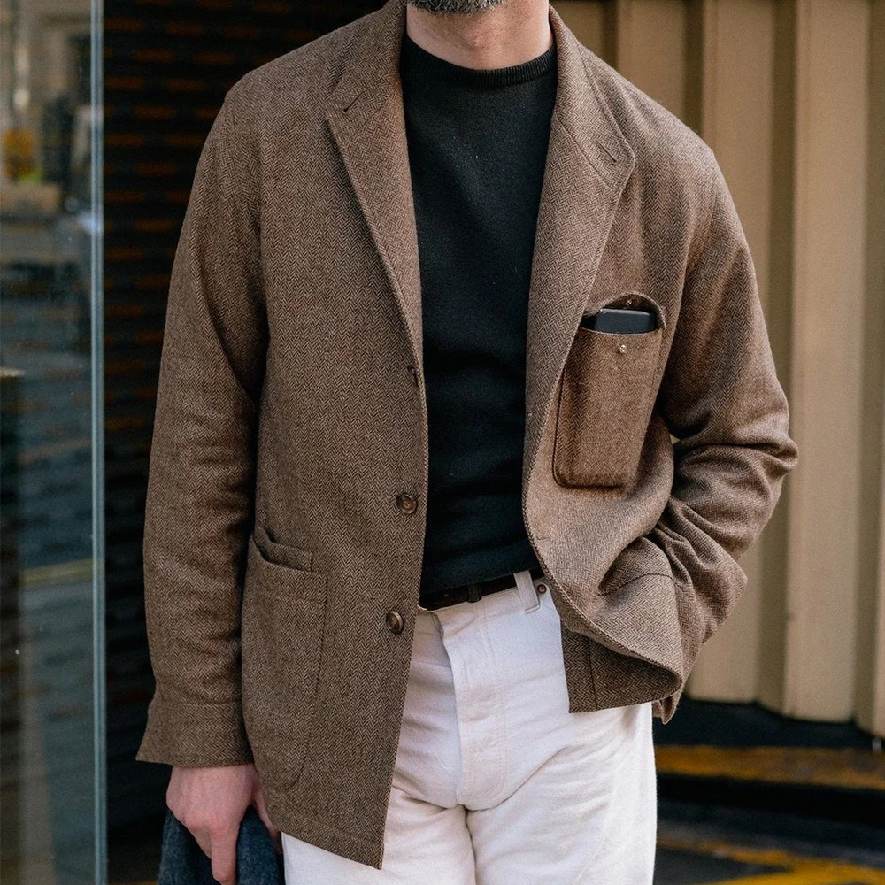 

Men Herringbone Suit Jacket Single Breasted Slim Fit Blazer Casual Fashion Business Coat Elegant Comfortable Formal Menswear Off