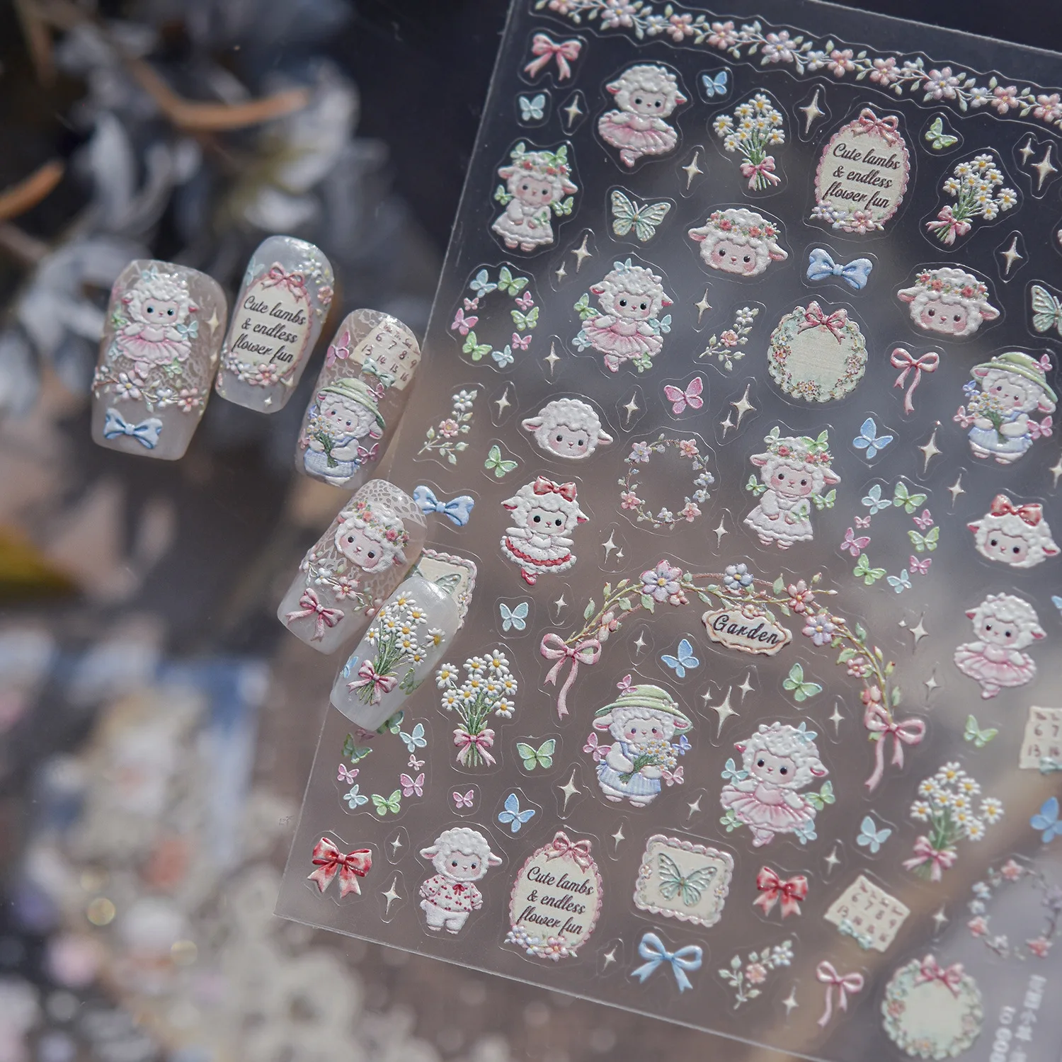 Cute Garden Lamb Nail Stickers Cartoon Little Sheep and Bear Butterfly Wreath and Bow Pattern Self Adhesive Nail Decoration DIY