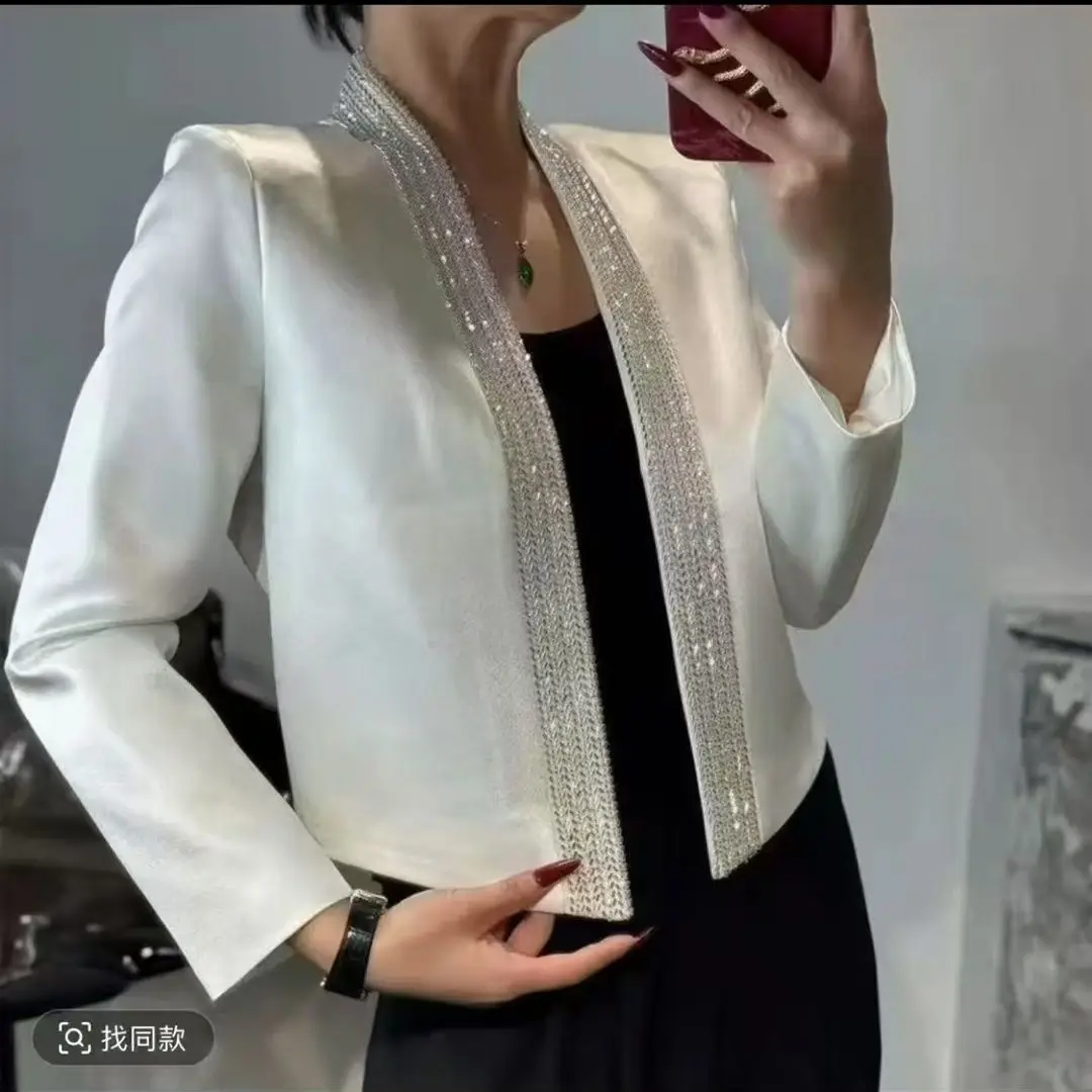 

Women Spring Elegance New Short Acetate Satin Blazer Collarless Slim-Fitting Jacket Top
