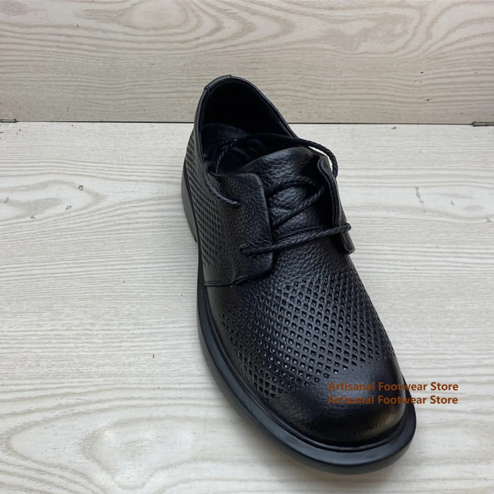 Summer Men's Breathable Hollowed Out Leather Shoes Black Leather Thick Soled Soft Leather Casual Shoes Handmade Men's Shoes