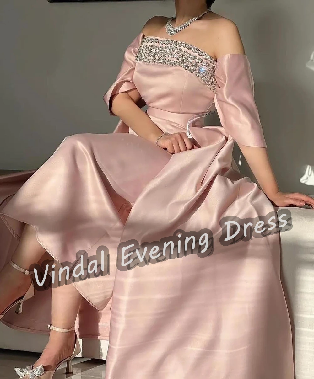 Vindal gaun malam Off-the-shoulder panjang pergelangan kaki A-Line Bra Built-in elegan Satin lengan pendek Arab Saudi untuk wanita 2024