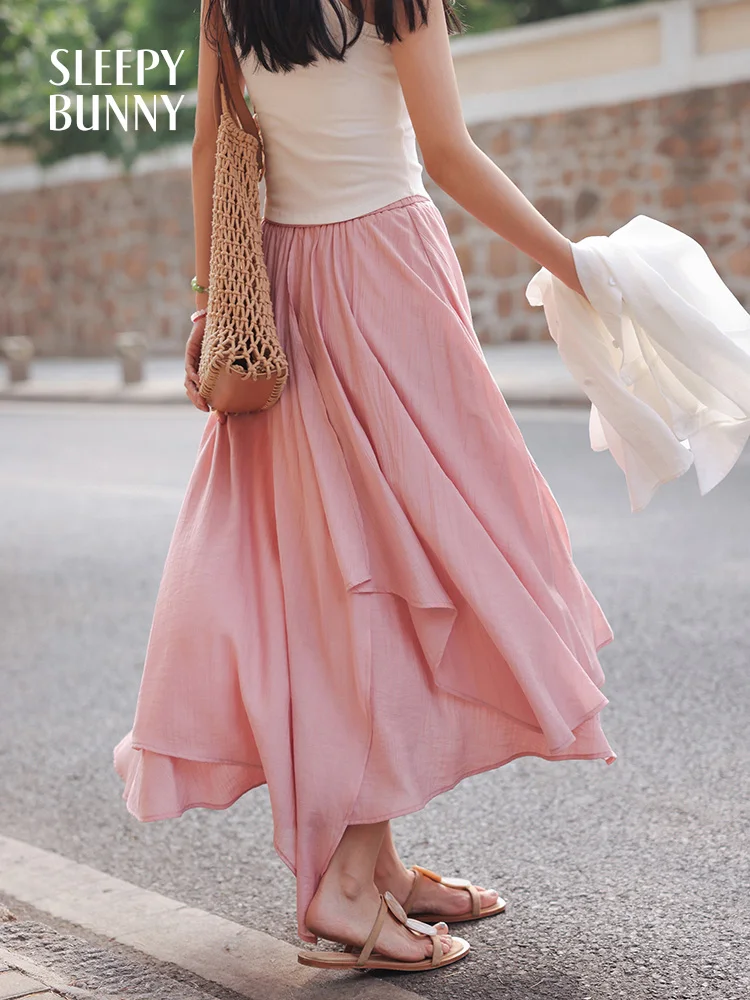 Irregular Patchwork Midi Skirt for Women Summer Loose Flowing High Waist Elastic Waist Skirt Casual Lightweight A-Line Skirt