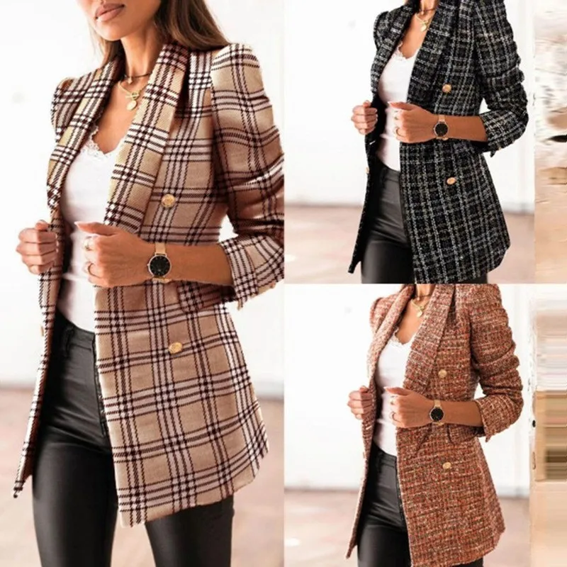 Notched Lapel Coat Printed Short Length Elegant with Fitted Cut Fitted Spring Double Breasted Commuter Regular Sleeve Women Suit