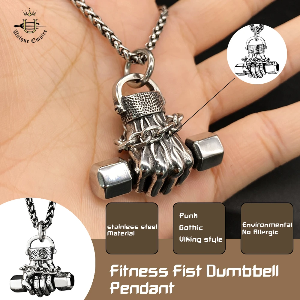 

Brutalist Strength Pendant for Men Heavy Duty Fist & Dumbbell Necklace in Stainless Steel Power Bodybuilding Muscle Gym Jewelry