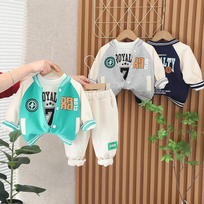 2023 Korean Spring Toddler Boy 3PCS Clothes Set Letter Baseball Jacket Printed Sweatshirt Corduroy Pants Track Suit Boy Outfits