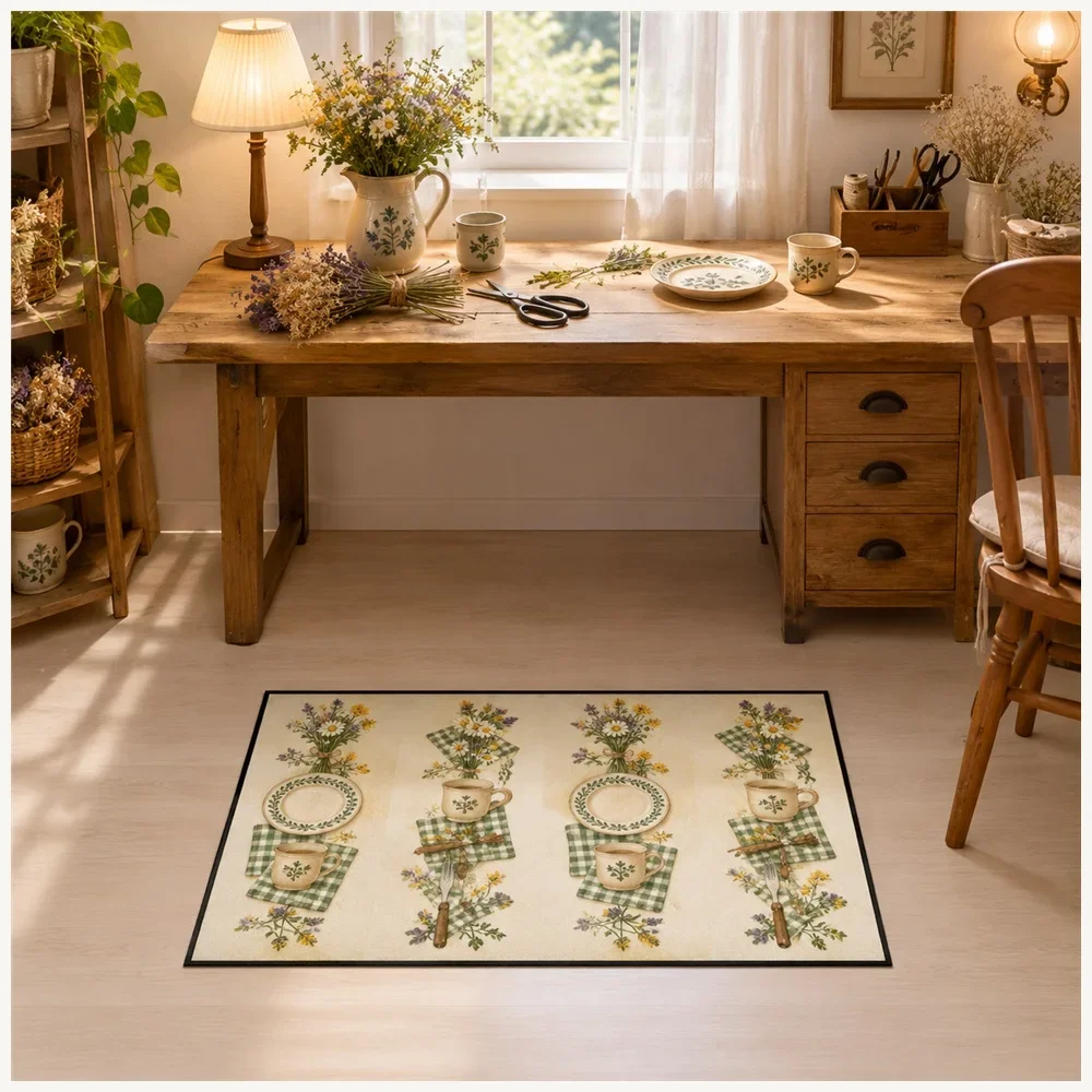VIKAMA Country Table Door Mat, Anti Slip Machine Washable Flannel Rug, Vintage Cottage Floor Mat for Landing, Pantry, Cloakroom