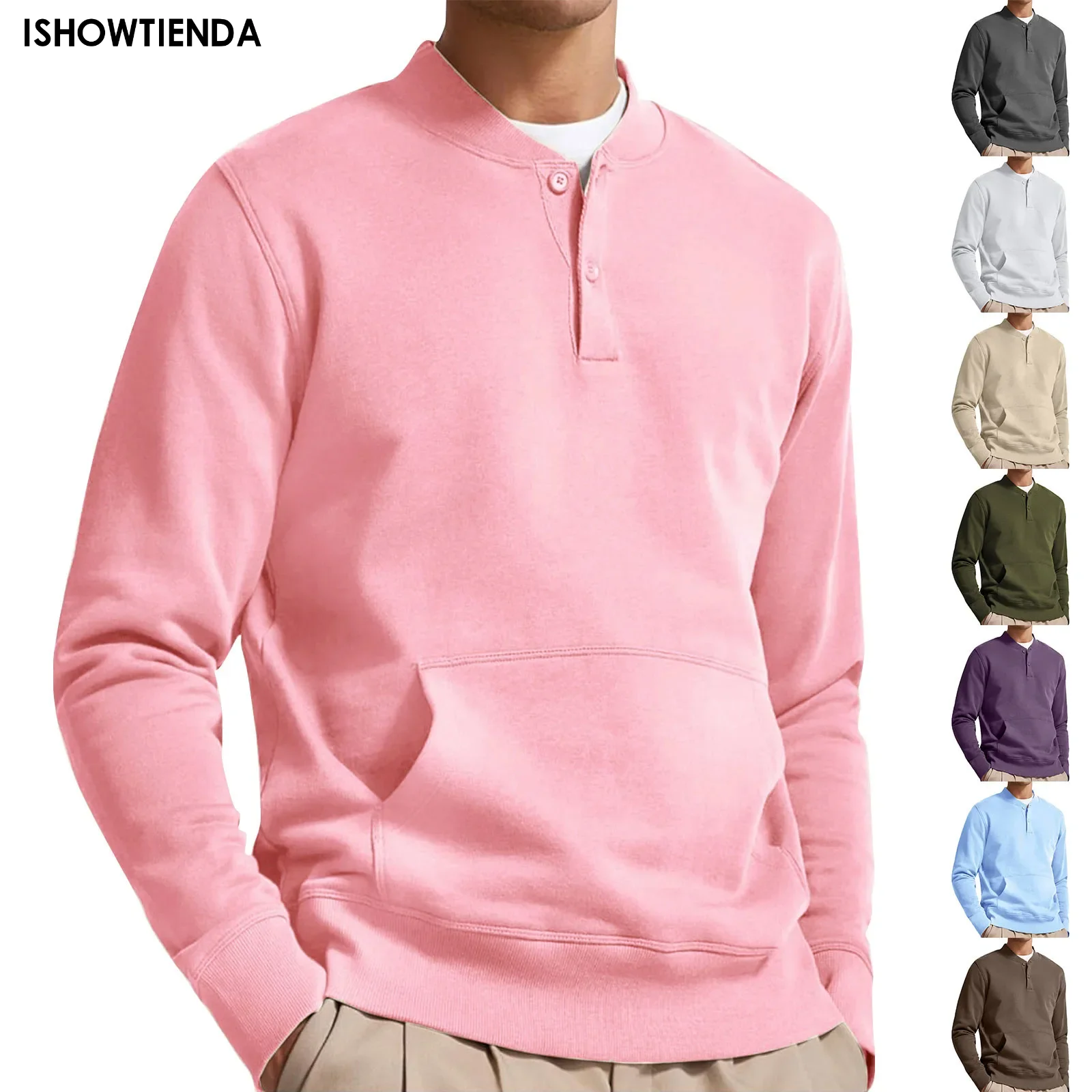 Men Sweatshirt Solid Color Long Sleeve Button Collar Pullover Top Mid Length Men Top Solid Color Button T-shirt Sweatshirt