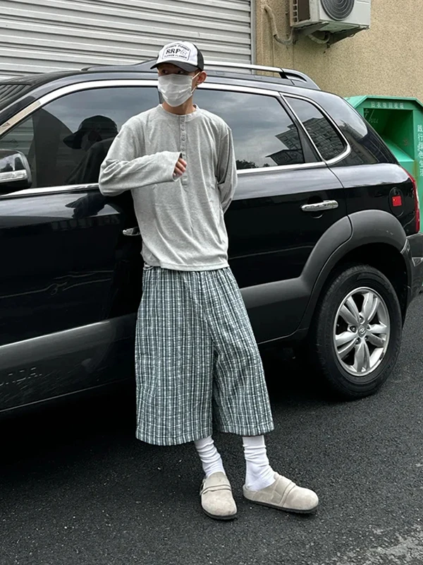 

Американский Sle Blue een клетчатый повседневный orts свободный прямой крой летние ленивые модные мужские и женские модные брюки из семи частей