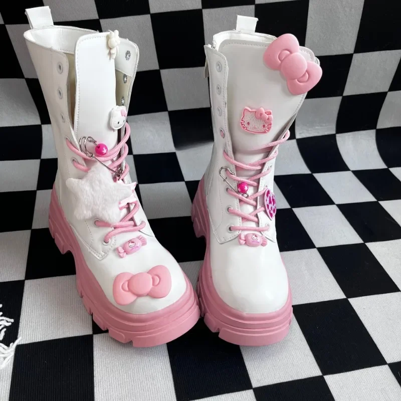 New Sanrio Cartoon Anime Hello Kitty Thick-soled Martin Boots Kawaii Winter Mid-tube Warm British Shoes Girls Holiday Gift