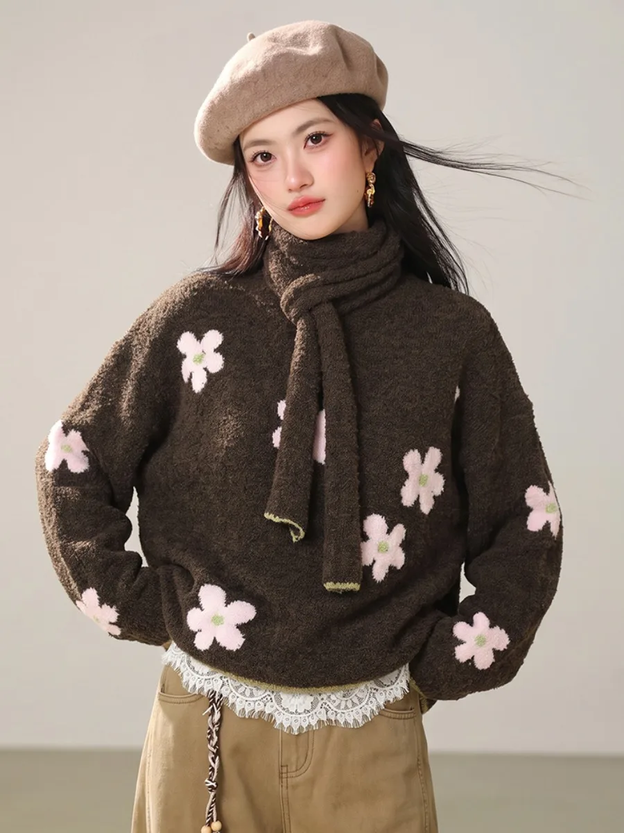 Retro Floral Patchwork Knit Sweater Women's Loose Lazy Style Thick Long Sleeve Knitted Overhead Top for Autumn Winter with Scarf