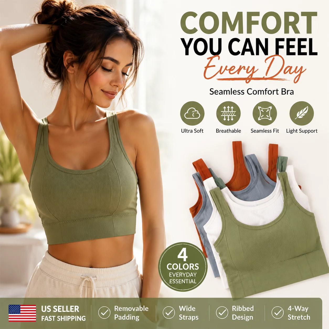 US Fast Shipping Seamless Ribbed Comfort Sports Bra Wide Strap Removable Pad 4-Way Stretch Light Support Everyday Wireless Tank Top Bralette For Women Daily Yoga Lounge
