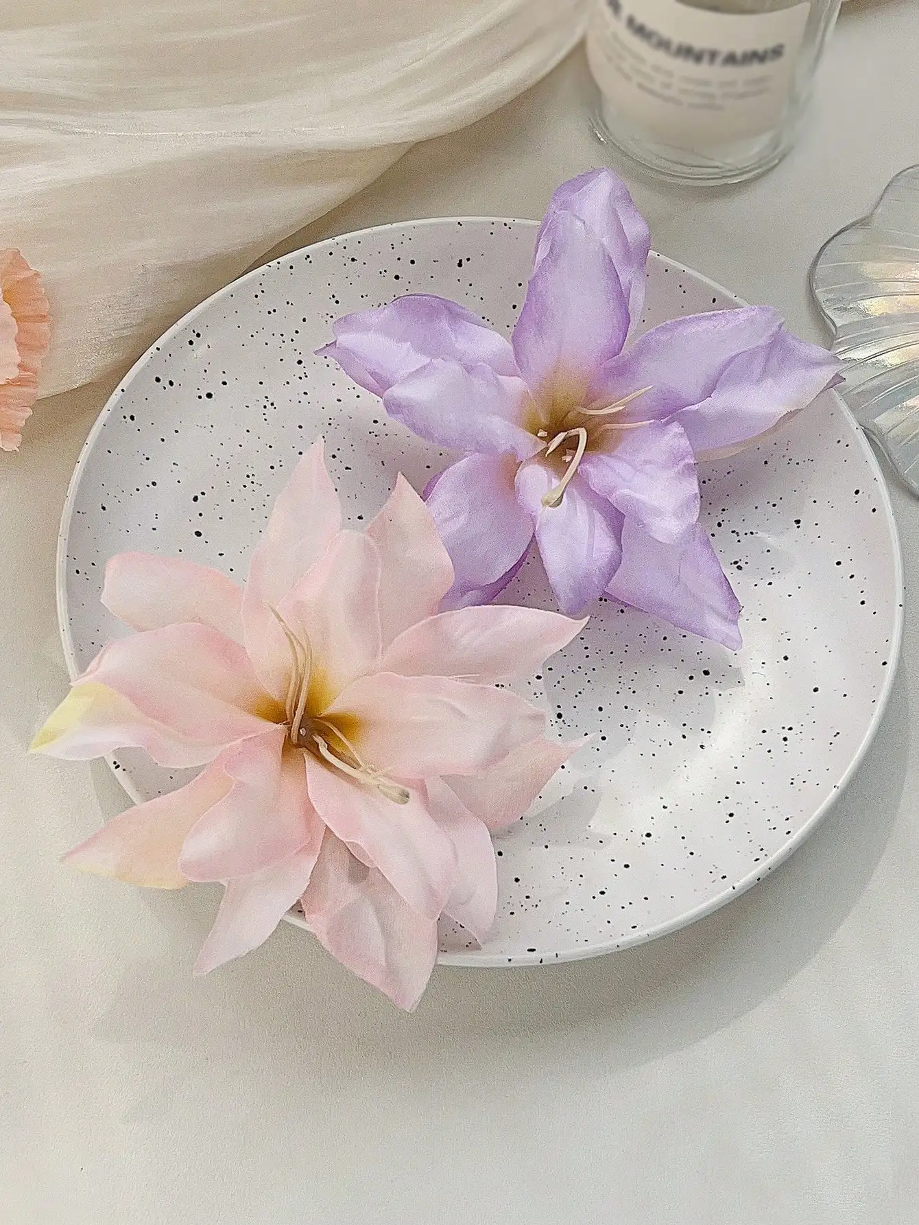 2-teiliges Set, elegante böhmische Blumen-Haarspangen, rosa und lila, große modische Haarspangen für Frauen, Strandurlaub, Haar-Accessoires – Detail 4