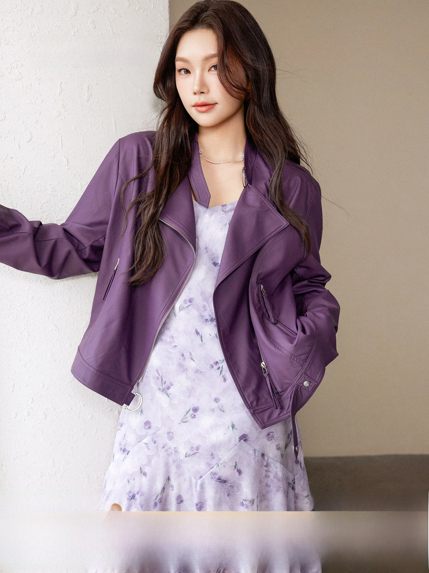 

Plusmall e k Purple PU Leather Soft Retro Classic Motorcycle Sle ort Jaet Outerwear Women's Spring Faion Coat