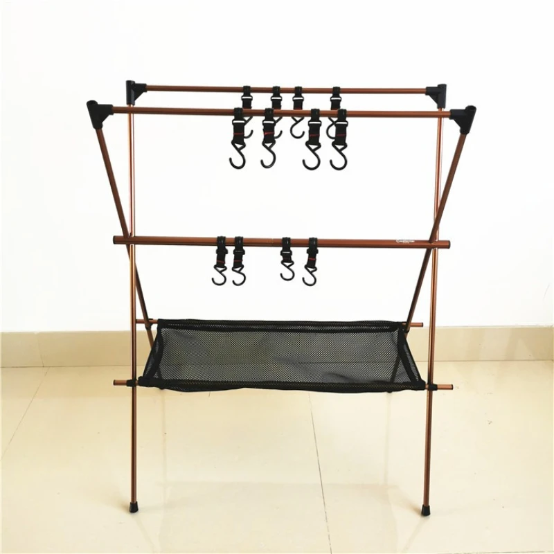 Outdoor camping folding portable triangular rack hanger, net pocket storage rack tableware rack