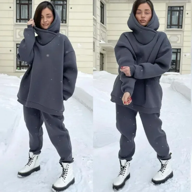 Women Warm Fleece Tracksuit Autumn Winter Hoodies Jogger Pants Sportswear Suits Y2k Sweatshirts Sweatpants 2 Piece Sets
