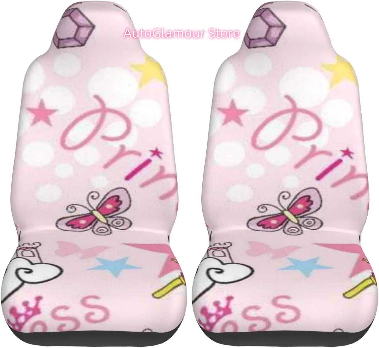 Princess Seamless Pattern with Castle, Crown, Butterfly Universal Car Seat Covers 2-Piece Set - Stretch-to-Fit Front Seat Protec