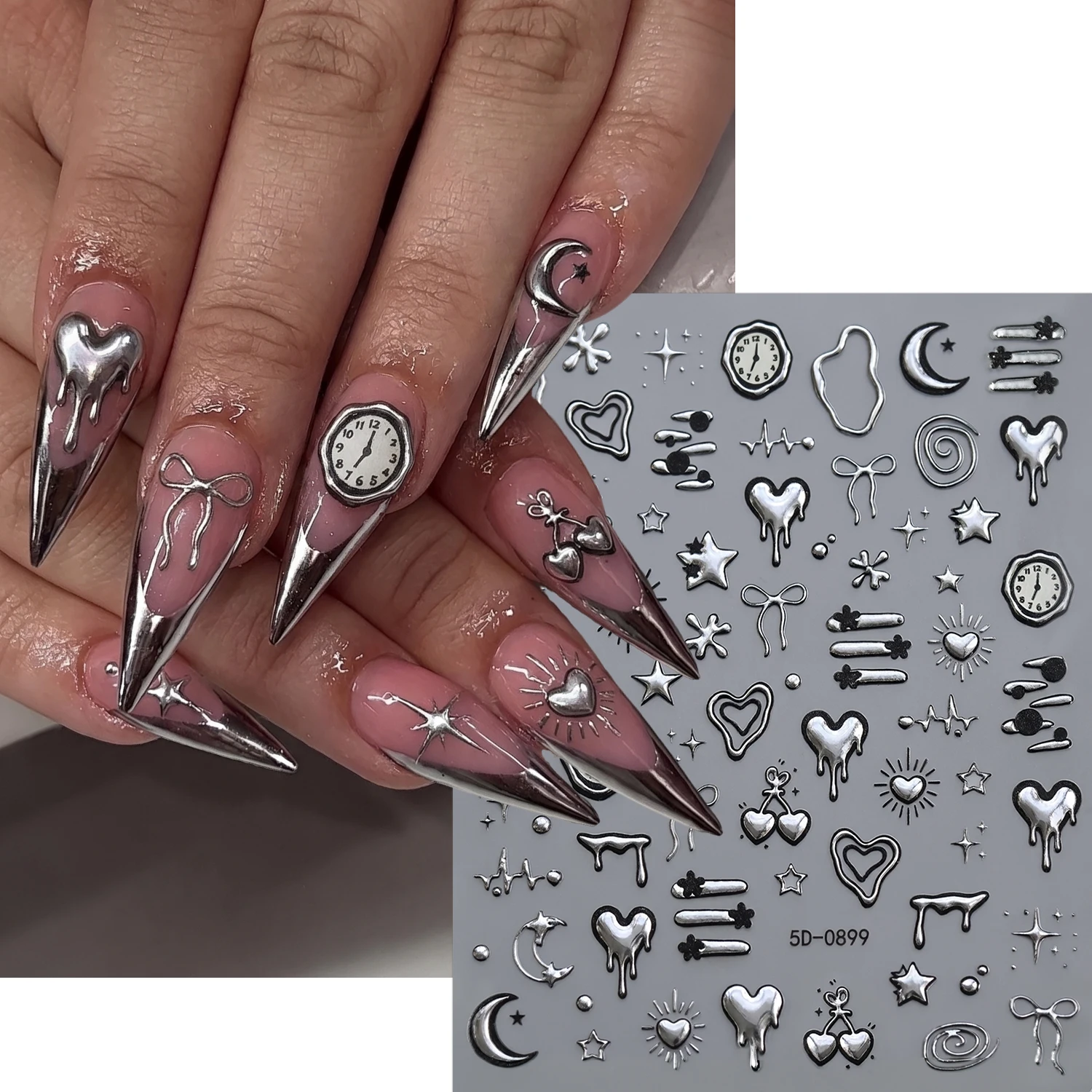 1PCS 5D Silver Metal Nail Art Stickers Y2K Retro Clock Melting Heart Bow Star Moon Nail Decals DIY Salon Home Manicure Designs *