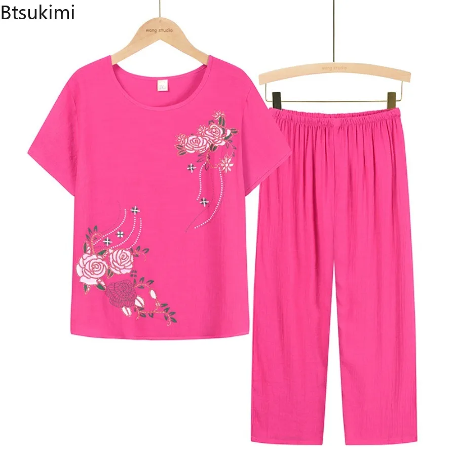 

2025 New Summer Women Homewear Set Short Sleeve Floral Print T-shirt Pants Loose Two Pieces Set Outfit for Middle-aged Pajamas