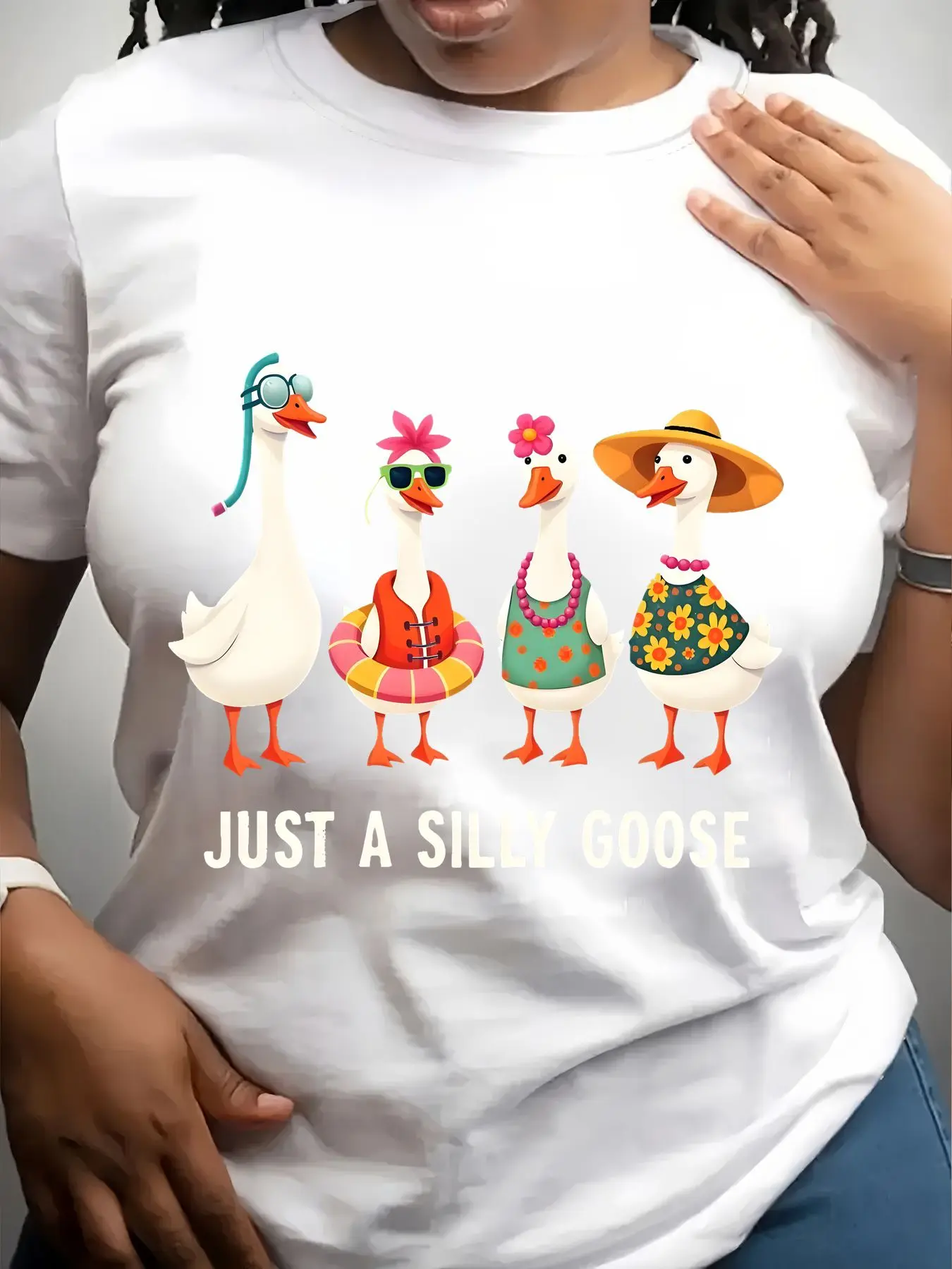 Women's Trendy Crew Neck T-Shirt Just a Silly Goose Print Suitable for Casual Sportswear
