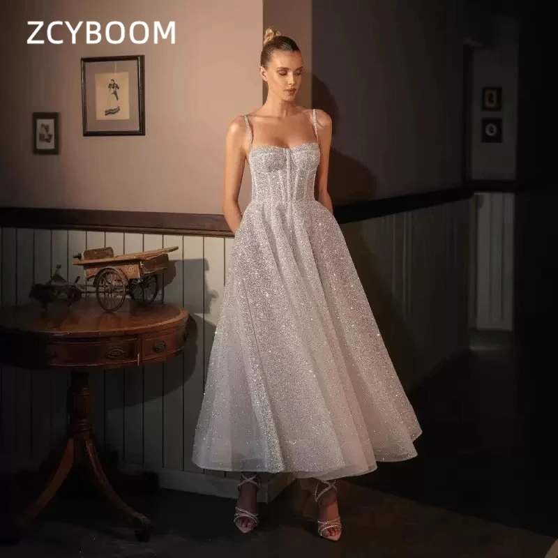

Customized Sexy Sweetheart Shiny Appliques Wedding Dresses For Women 2025 Sliver Spaghetti Strap Bridal Gowns Vestido De Noiva