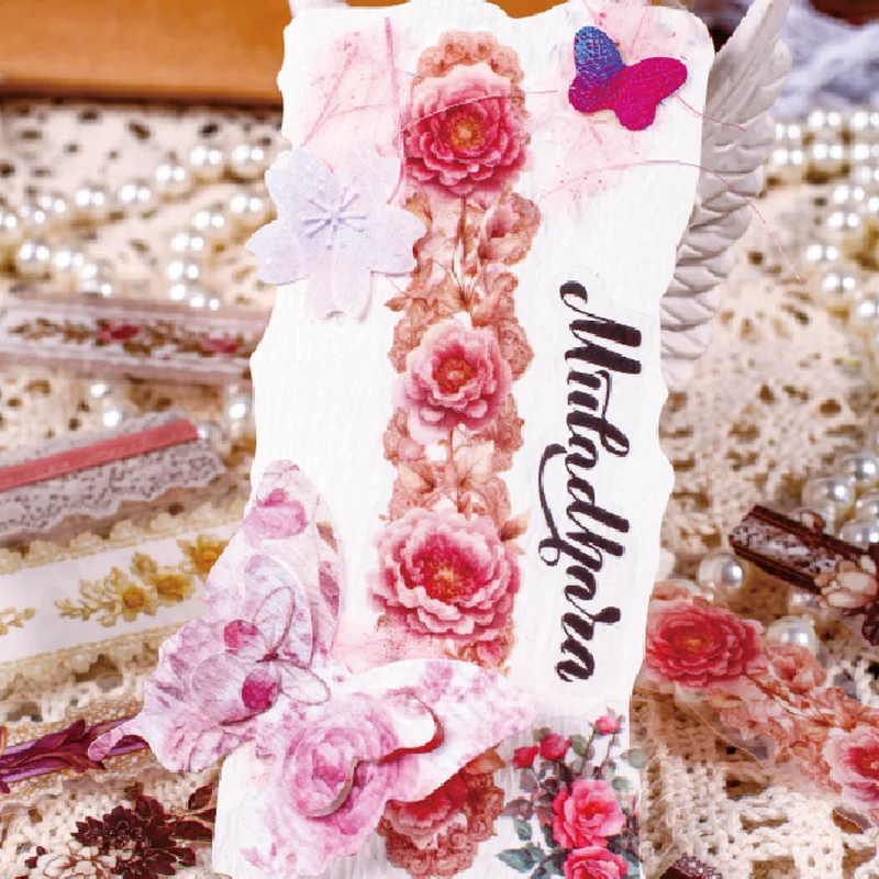 10 Photos 6 Books Waterproof PET Long Stickers Floral Fragrance Series French Retro Rose Flower Lace Pattern Creative Hand Note