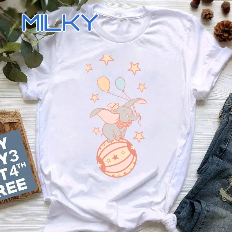 2024 Summer Women Tshirt Korean Dumbo Cute Harajuku Cartoon Loose Short-sleeved Tshirt Young Girls Kawaii Tee Shirts