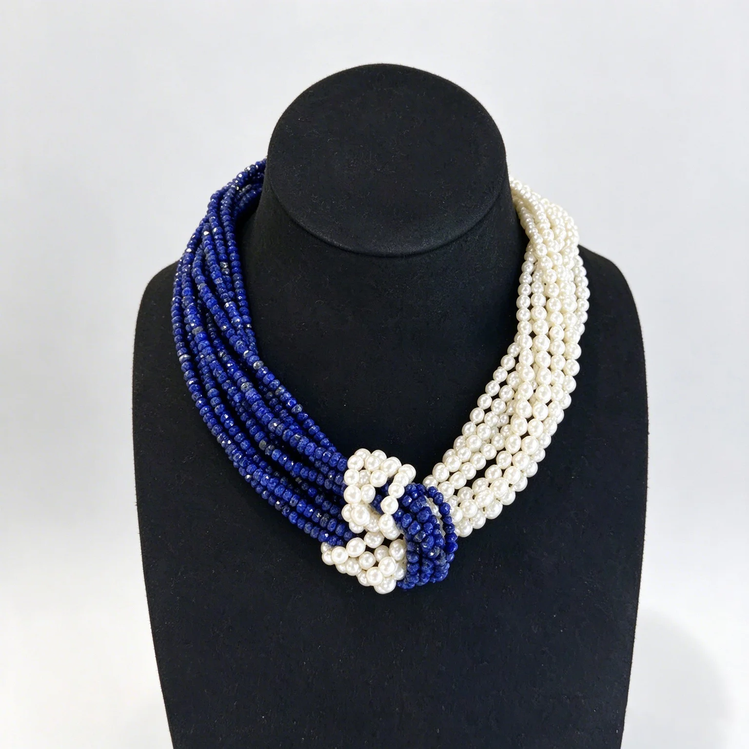 Women's 8 Strands Natural White Pearl Lapis Lazuli Necklace Multi Strands Pearl Necklace 19