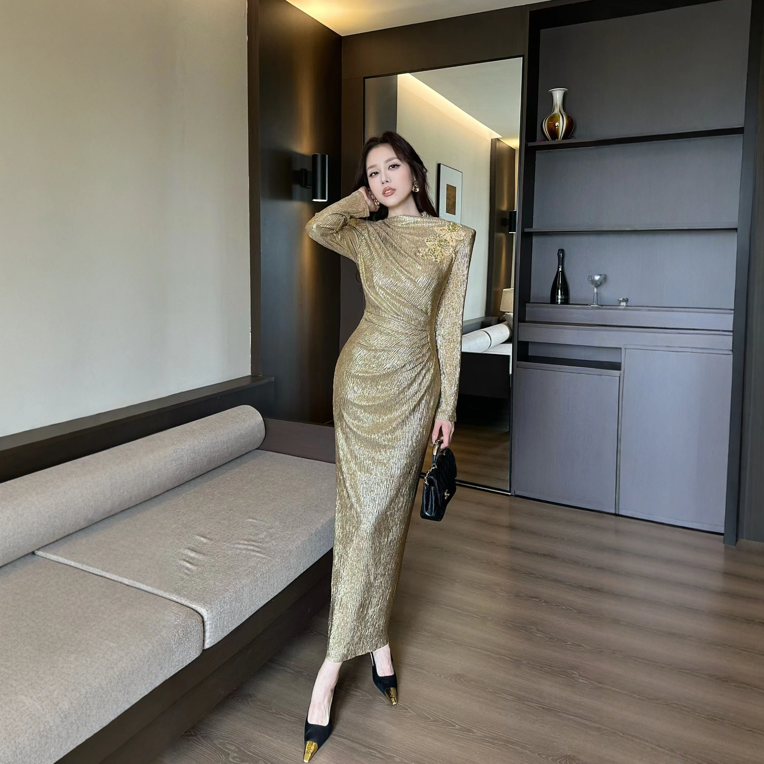 

Эластичная юбка-футляр Ele Slimming Gold Emed для женщин, с завышенной талией, из полипропилена, нейлона и синтетического волокна