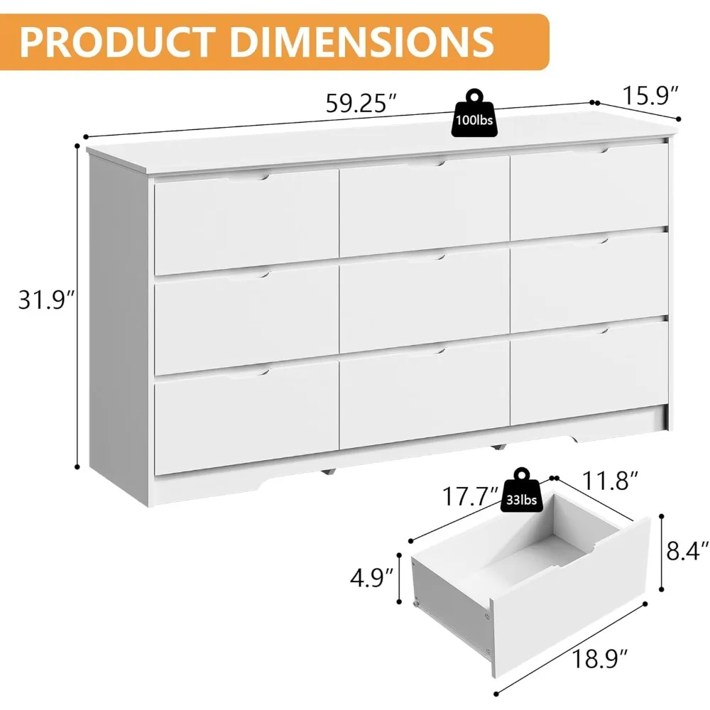 Tradre 59'' White Dresser for Bedroom, 9 Drawer Wood Dresser with Handle Free, Large Modern Chest of Drawers Dresser for Home