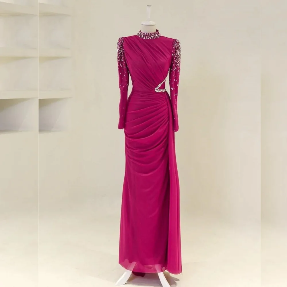 Customized Jersey Rhinestone Pleat High Collar Trumpet Long Dresses Bespoke Occasion Women Luxury Evening Gorgeous Elegant