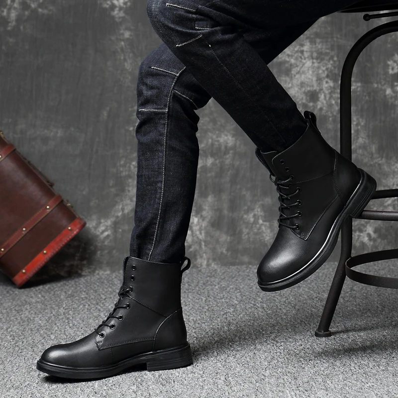 Big Size 50 Men Casual Genuine Leather Boots Lace Up Winter Men Dress Boot Mens Cotton Shoes Ankle Boots Motorcycle Shoes