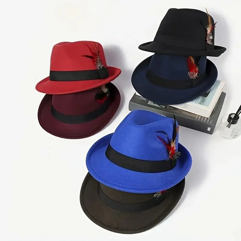 Classic Dress Up Feather Decors Fedora Hat Fedora Hat Panama Topper Hat Vintage Jazz Woolen Top Hat Party Photo Props