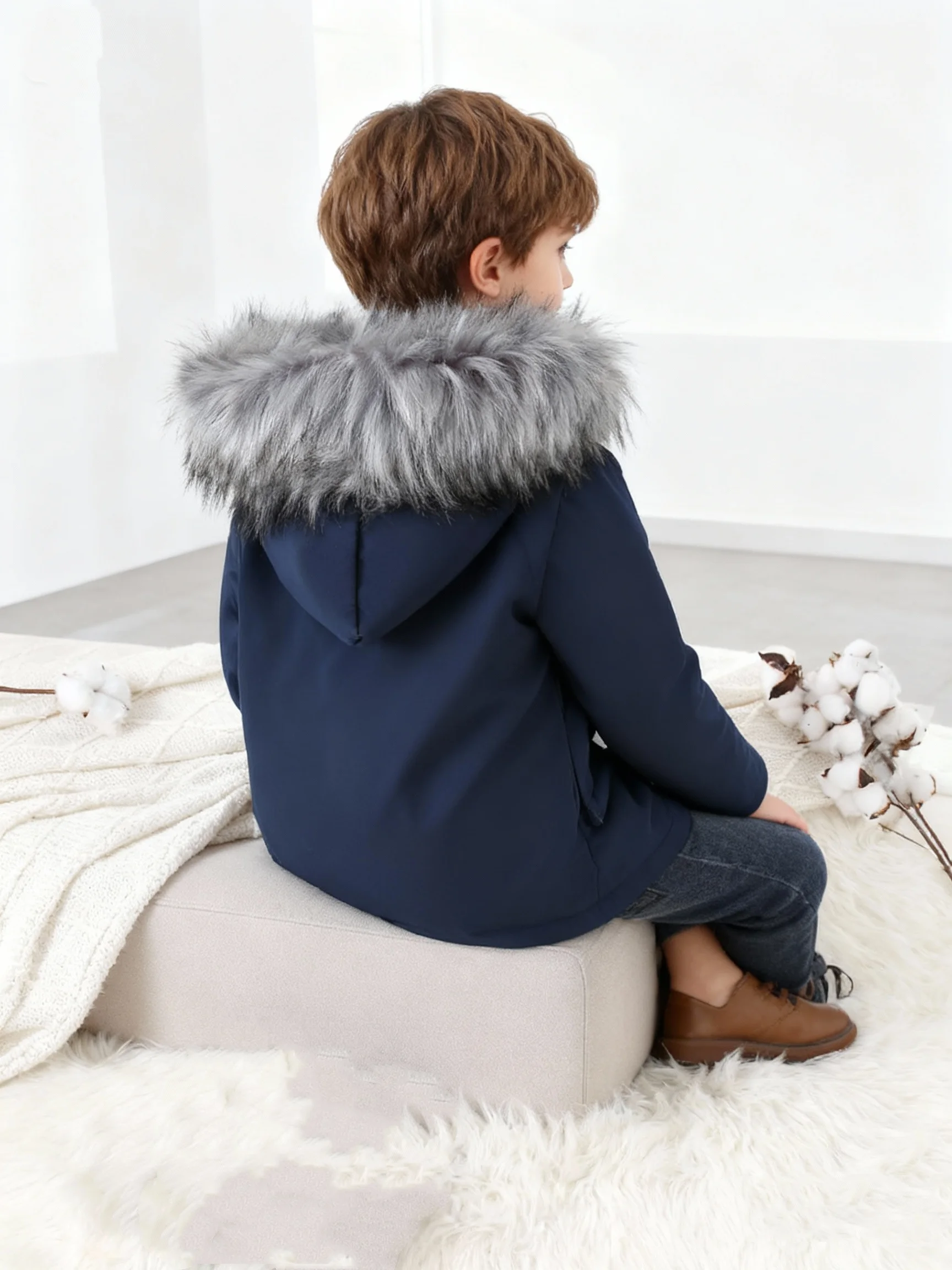 Autumn And Winter Boys' Fashionable Solid Color Slanted Zipper Large Pocket Hooded Jacket Daily Casual Jacket