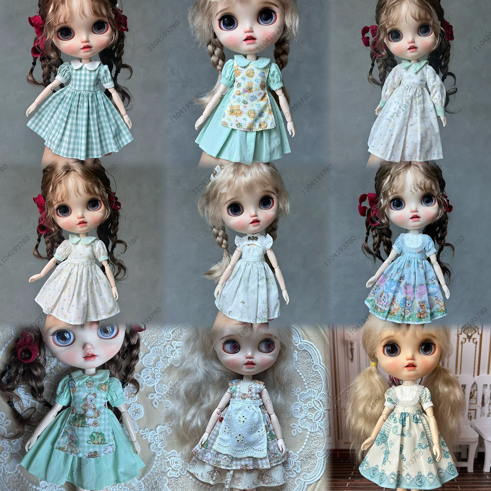 

Для куклы Blythe 30 см, тело 1/6 Ob24 Azone, одежда для куклы, кондитерский стиль, зеленое платье Mori для девочек, платье с рисунком в стиле ретро, костюм, одежда для девочек