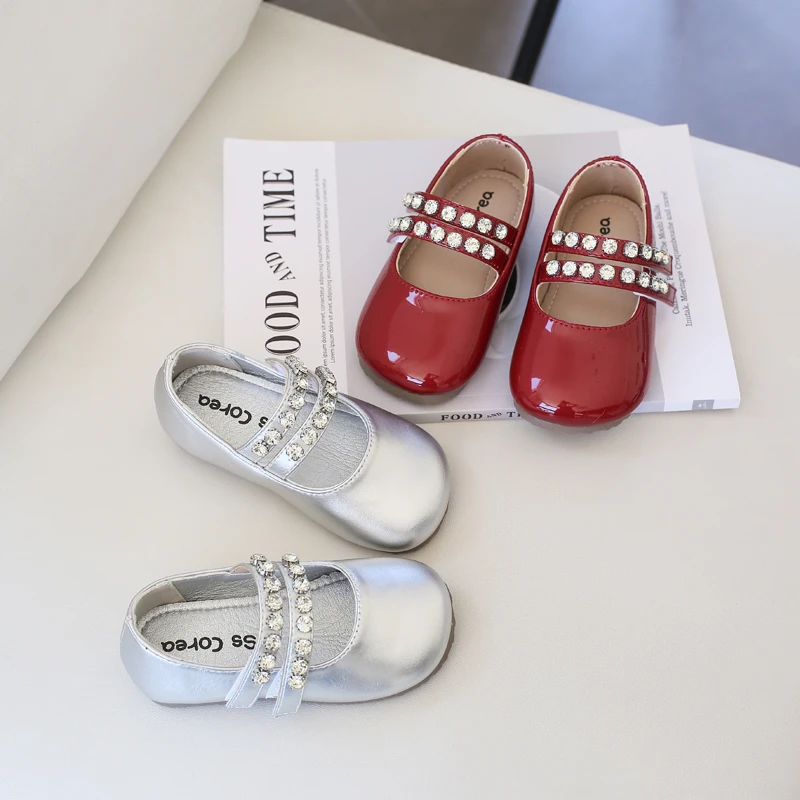 Unishuni Children’s Shoes for Girls Princess Ballet Flats Rhinestone Moccasin Mary Jane Shoes Beige Silver Wine Red Girls Shoes