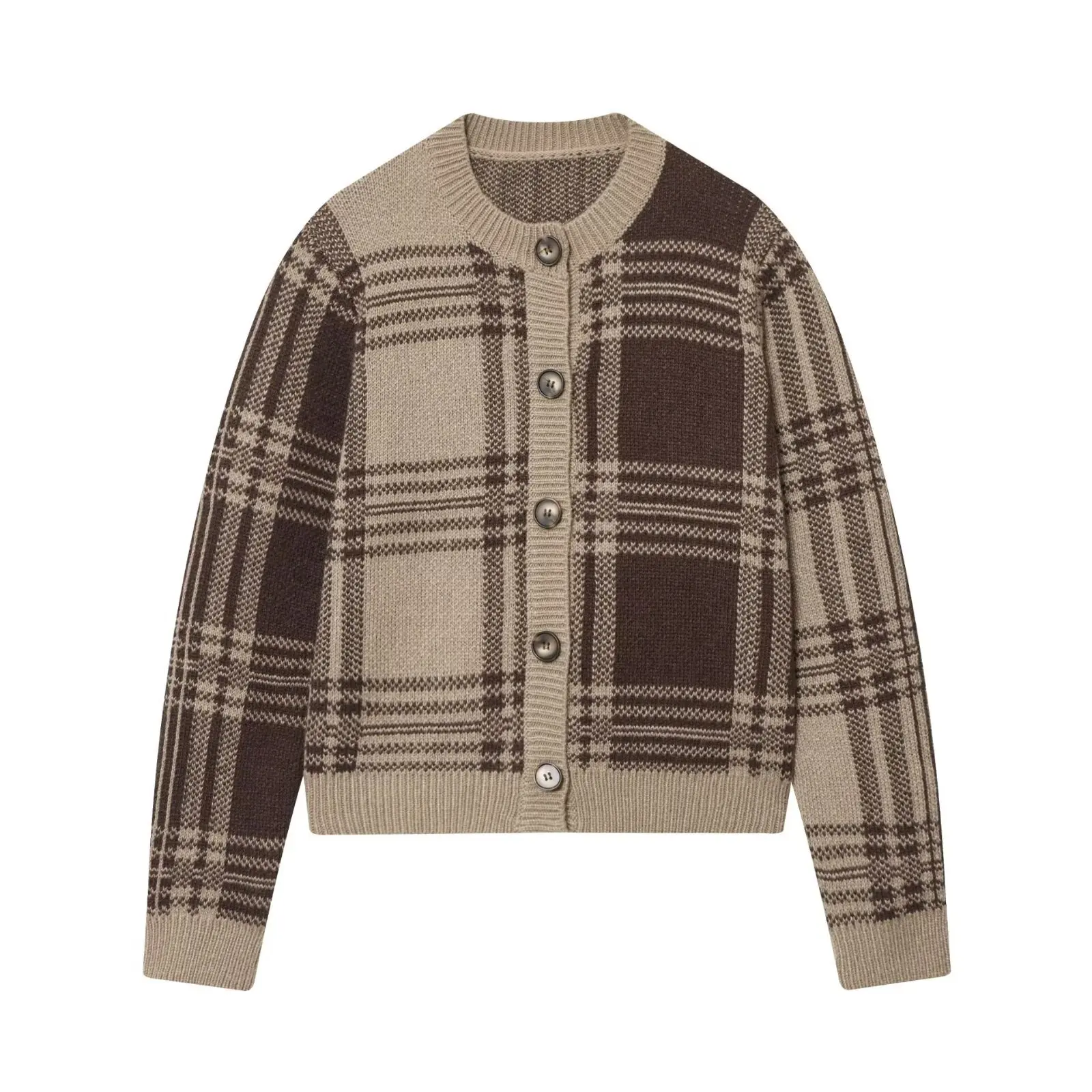 

Женский вязаный жакет-кардиган с круглым вырезом для более стильного образа, однобортный клетчатый узор на пуговицах