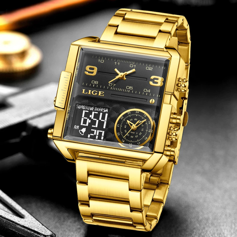 LIGE Top Brand Luxury Fashion Men Watches Gold Steel Sport Square Digital Analog Big Quartz Watch for Man Relogio Masculino+BOX