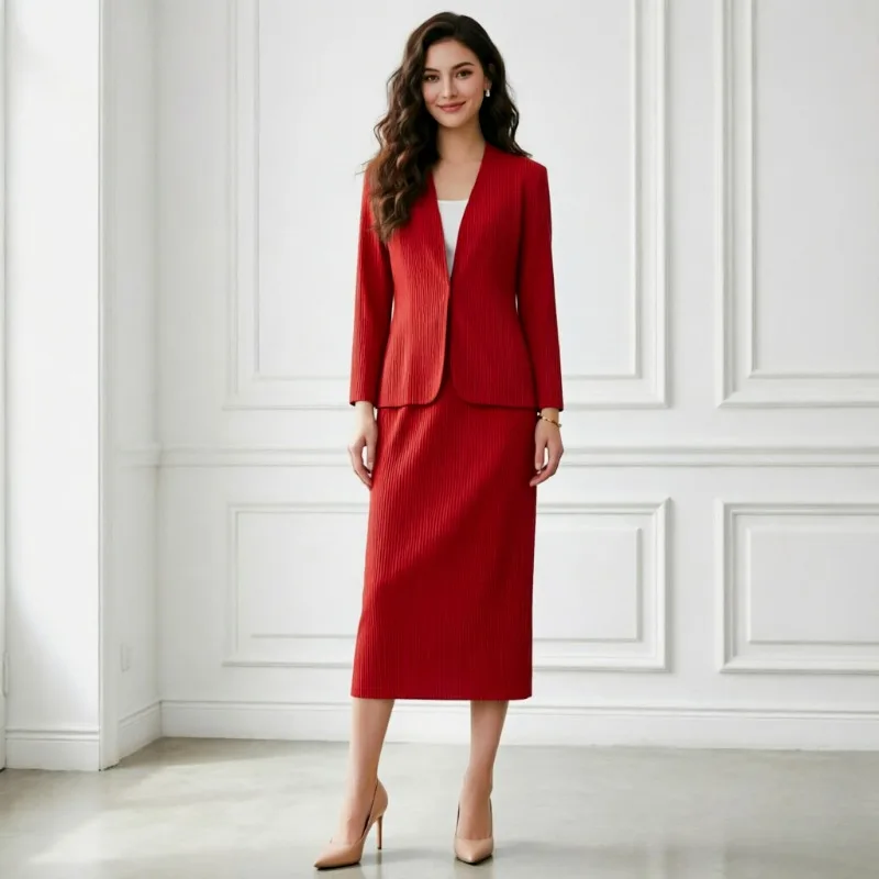 Miyake Pleated Women's Cardigan Jacket Fall New Long Sleeve Top Simple Stretch Set Career Split Half Skirt 2 Piece Set  Europe
