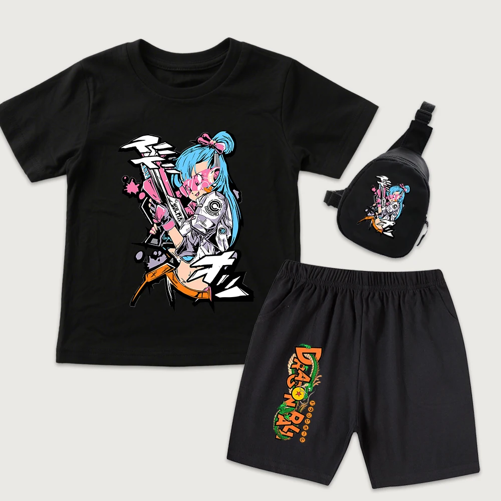 Kids DBZ Bulma Print Cotton T Shirt and Shorts Set with Mini Chest Bag 3 Piece Set for Boys Girls Summer Outfit