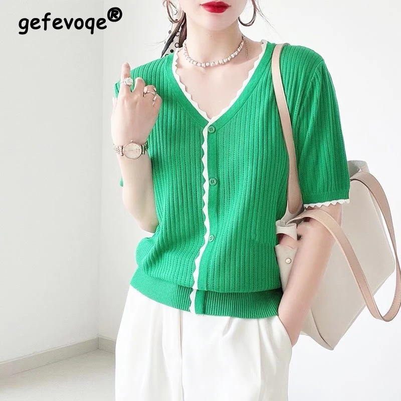 

Women Clothes Summer Contrast Color Elegant Chic Ice Silk Knitted T Shirt Korean Fashion V Neck Short Sleeve Loose Pullover Tops