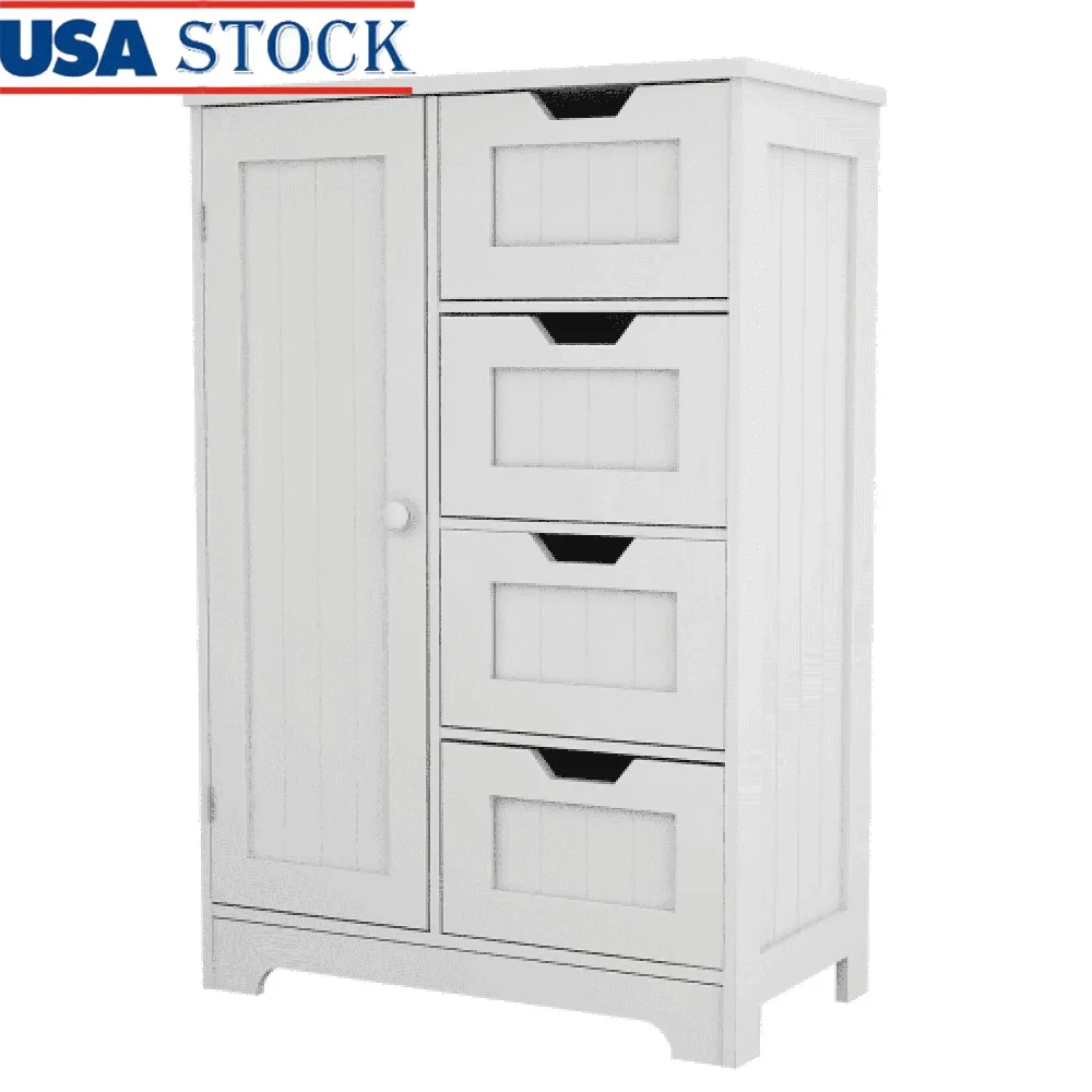 

White Freestanding Storage Cabinet with Adjustable Shelves Modern Bathroom Organizer Durable MDF Four Drawers and Cupboard