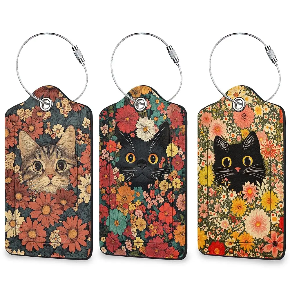 

Набор из 3 багажных бирок Flower Cat для чемоданов, уникальные кожаные идентификаторы для путешествий с этикетками для имени и адреса и прочные.