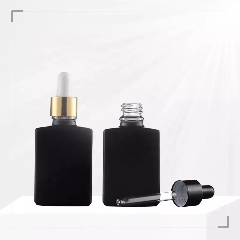 Perfume Glass Bottle Square 30ml 1oz Square Black Rectangle Dropper Bottle for Essential Oil Cosmetic Packaging Travel Container