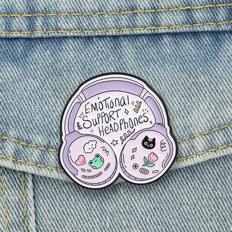 Emotional Support Headphones Badge Cute Purple Headset Enamel Pins Cartoon Frog Cat Floral Brooch Accessories Decor Gift