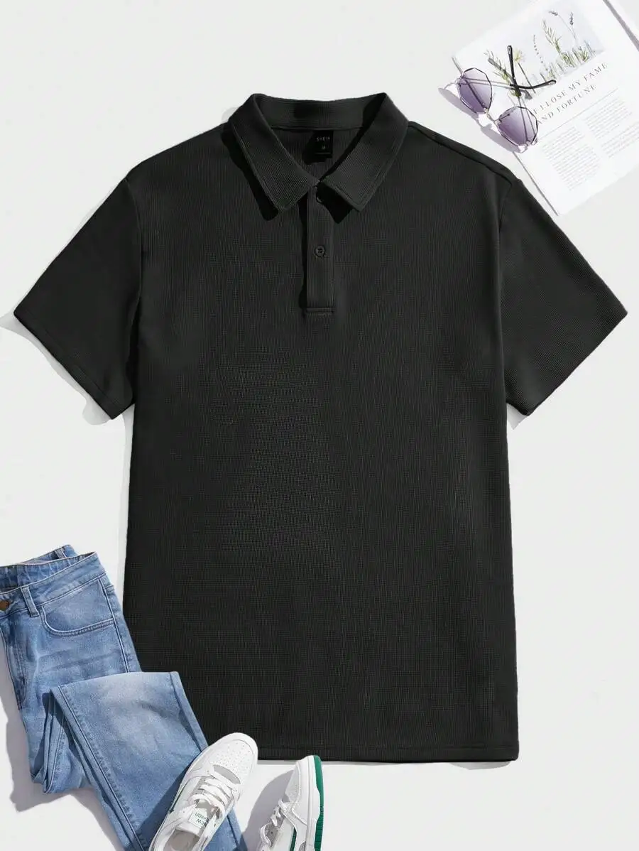 

Black Ribbed Knit Slim Fit Men's Casual Short Sleeve Polo Shirt