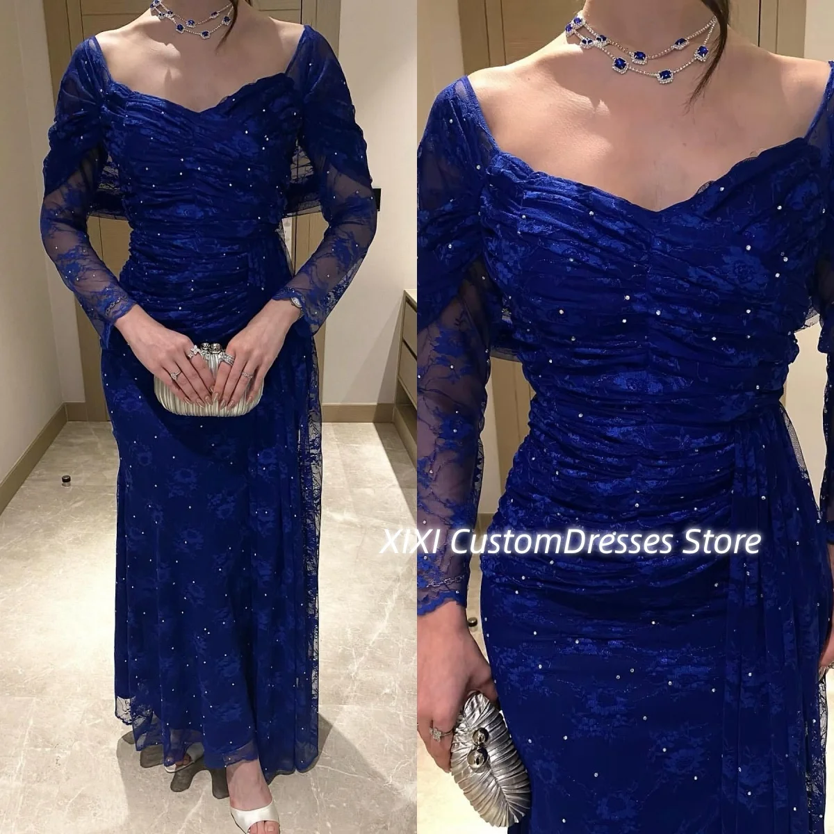 

فساتين 미פרי Customize Женские кружевные вечерние платья длиной до пола с квадратным вырезом на молнии и длинными рукавами для торжественных случаев D