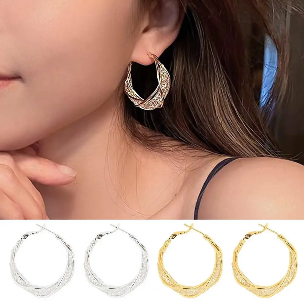 Women Jewelry Stylish Retro Huggie Earrings with Twisted Hollow Mesh Design Lightweight Stainless Steel Ear Hoops for Commute