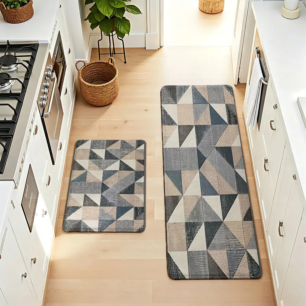 2pcs Geometric Diamond Pattern Print Washable Kitchen Floor Mats with Tree Leaf Dot Plastic Tufting  Kitchen Decoration Carpet
