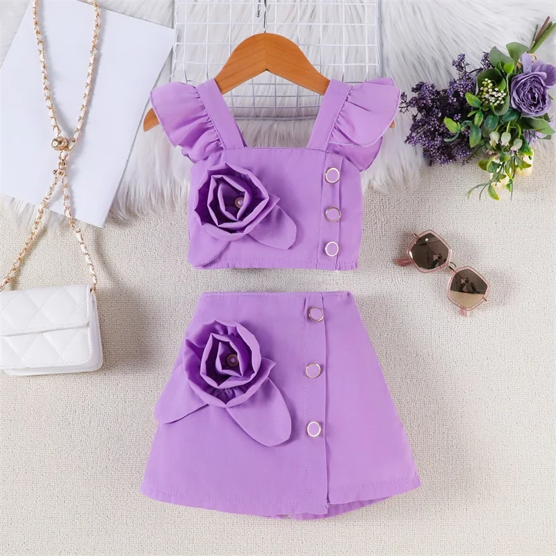 Set pakaian musim panas anak perempuan, atasan motif bunga 3D leher persegi dengan rok A-Line Mini 2 potong, pakaian musim panas anak perempuan modis