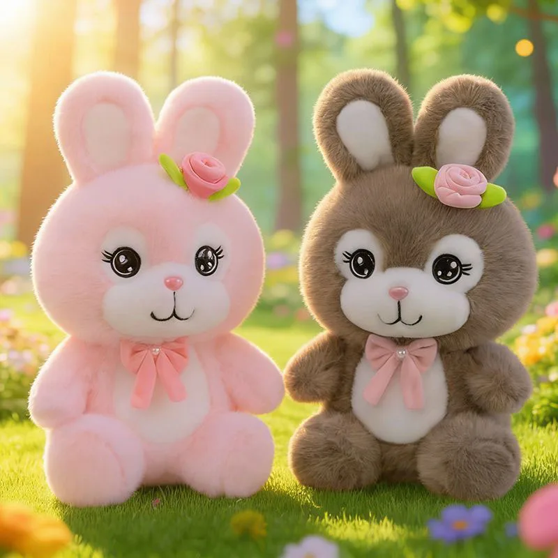 

Cute Bunny Plush Toy with Bow Soft Stuffed Rabbit Doll Pink Brown Rabbit Plushie for Girls Kids Birthday Gift Home Decor Kawaii